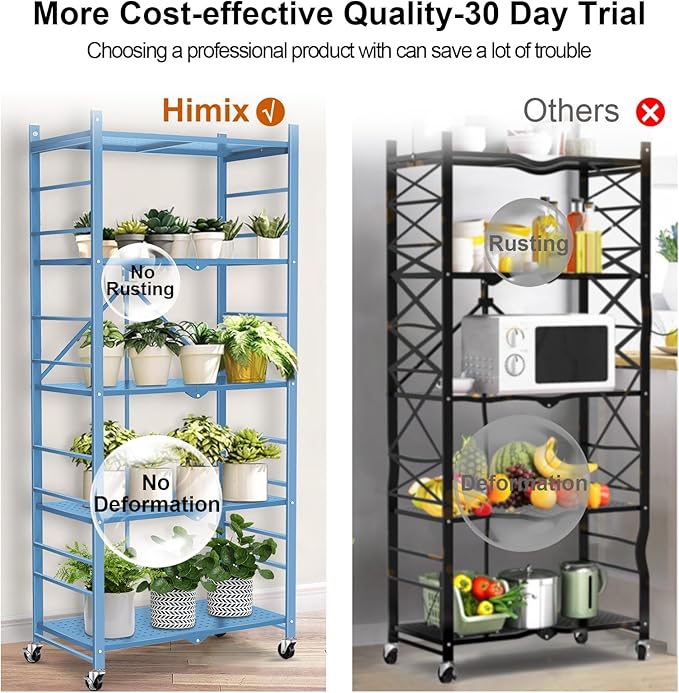 Himix Storage Shelves with 20 Hooks, 5-Tier Foldable Shelf for Storage, Folding Shelf Unit Pantry Shelves with Wheels, Standing Shelving Unit for Kitchen Garage Home Office Room Greenhouse, Blue