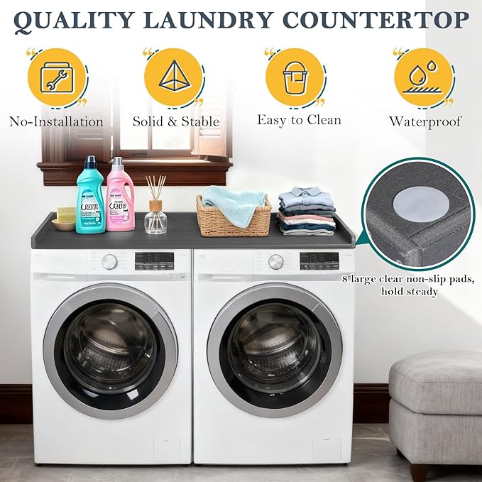 HDPE Washer Dryer Countertop, 54" x 27" Laundry Countertop with 2 Hooks & Non-Slip Pads, Washer and Dryer Topper for Laundry Room Organization, No-Installation (Grey)