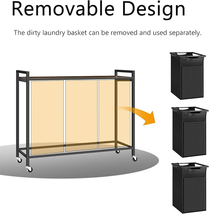 Laundry Sorter, Laundry Basket with 3 Pull-Out Removable Oxford Fabric Bags, 3 x 10.6 Gallons, Total 120L, Cloth Laundry Hamper with a Top Shelf 36.4"x13" (Black and Rust)