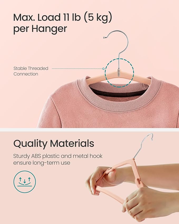 SONGMICS Kids Hangers 50 Pack, 14 x 8 Inches, Non-Slip Velvet Baby Hangers for Closet, Space-Saving, Wide Shoulder Notches, Coral Pink UCRF038R01