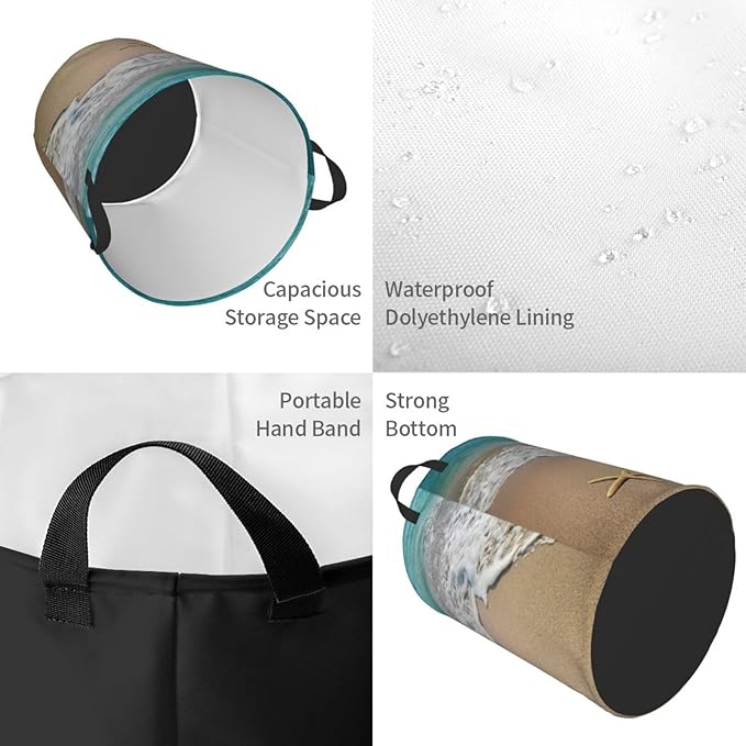 Laundry Basket Beach Starfish Room Decor,Round Laundry Hamper Waterproof Dirty Clothes Hamper Collapsible Laundry Baskets With Handles,Toy/Clothes Storage Beach Towel Basket For Dorm Bathroom Decor