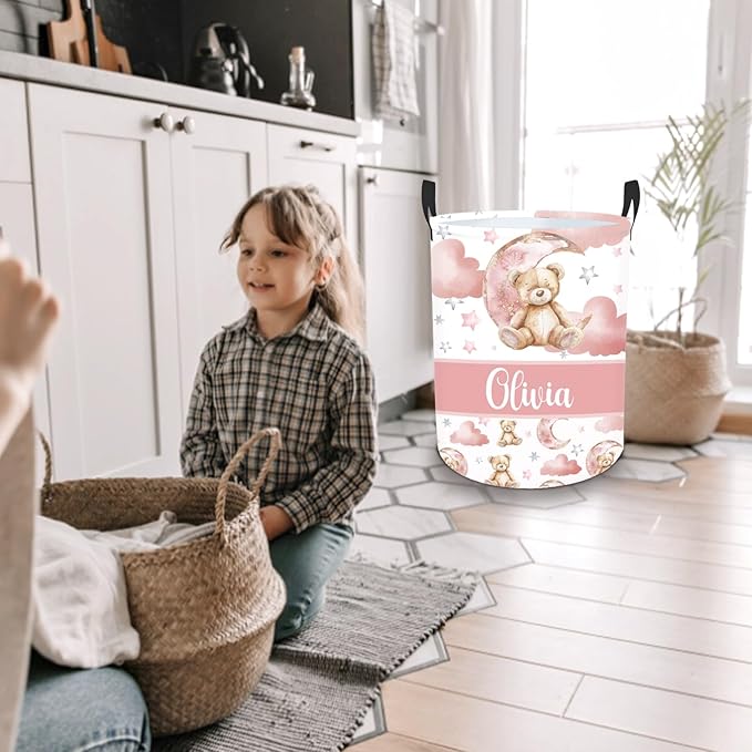 Personalized Name Baby Laundry Hamper for Nursery Boys Girl, Custom Bear Laundry Baskets for Toddler Kids Adults, Baby Name Laundry Hamper with Handles Personalized Gift