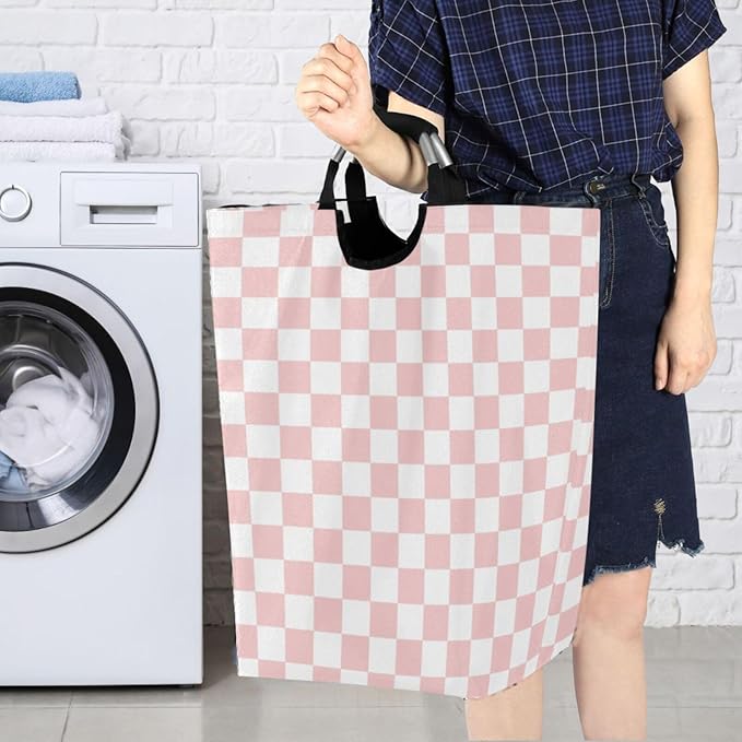 CaTaKu Pink Checkered Racing Baby Laundry Baskets Collapsible, Large Tall Clothes Hampers for Kids Laundry Room Organizer Foldable Storage Bins with Handles