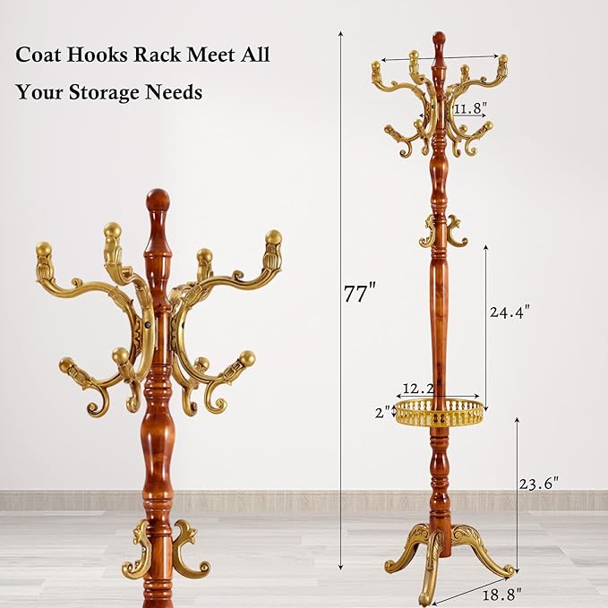 Coat Rack Stand, Solid Wooden Coat Tree with 14 Hooks, Heavy Duty Coat Rack Freestanding with Sturdy triangle Base, Natural Birch Wood Coat Hanger Stand for Entryway Bedroom (Begonia H12)