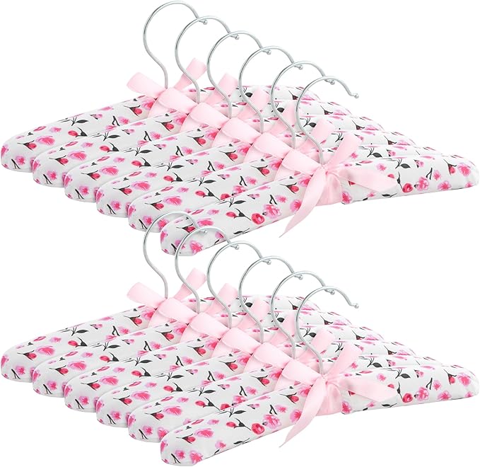 Juvale Padded Baby Clothes Hangers - Wrinkle-Free Closet Organization - Satin Padded Infant Hangers for Baby Clothes - Pink Floral Design for Nursery Decor - Pack of 12, 9.5 in, Pink Floral