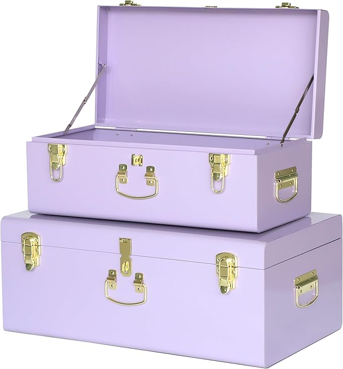 Vixdonos Storage Trunk Chest Decorative Large Metal Box Set of 2 College Dorm Organizer with Hardware Hasps and Handle for Home Deocr,23.7X14.2X9.5 Inches