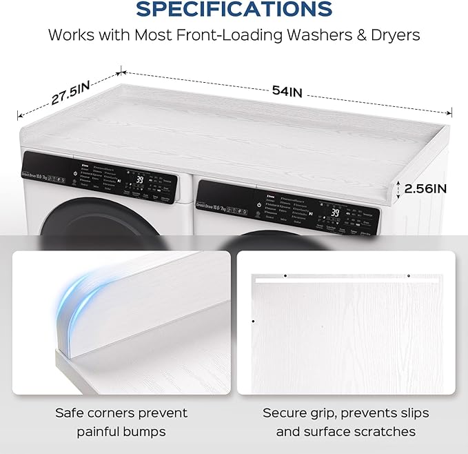 Washer Dryer Countertop, 27.5" x 54“ Wood Washer and Dryer Countertop with Edge Rails for Laundry Room Organization and Storage, White