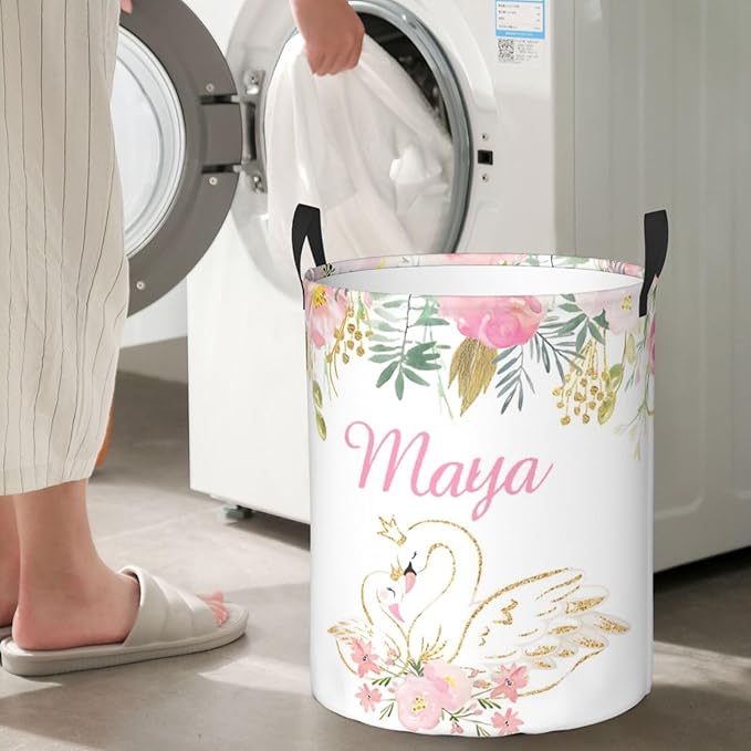 Personalized Laundry Basket for Nursery, Custom Nursery Laundry Hamper with Name, Customize Baby Clothes Circular Hamper for Boys Girls Room Decor, Floral Swan