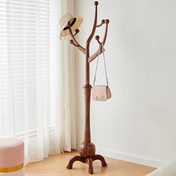 Wood Freestanding Coat Rack with 8 Hooks Wooden Hat Coat Tree Standing Clothes Hanger with Sturdy Sphere Base and Tree Branch Hooks 160lb Load Capacity for Entryway Hallway Bedroom, Walnut