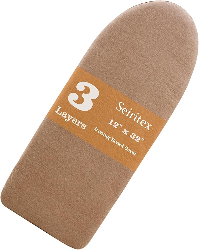 Seiritex Ironing Board Cover 12 x 32 inch, Fits Table Top Ironing Board Heat Reflective, 3 Layers Thick Padding with Elasticized Edges, Small Iron Board Cover (Brown)