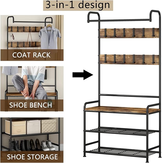 LINZINAR Coat Rack Shoe Bench 3-in-1 Hall Tree with Bench and Shoe Storage for Entryway Heavy Duty MDF Stand Coat Rack Industrial Accent Furniture with Metal Frame, Black (Rustic Black)