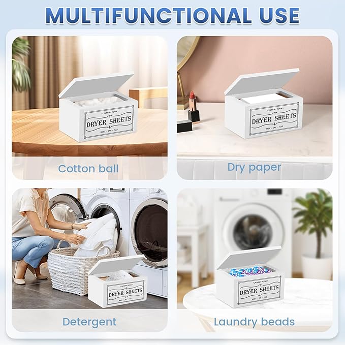Dryer Sheet Holder and Lid, Dryer Sheet Container, Laundry Pods Dispenser, Rustic Farmhouse Dispenser Laundry Room Decor Accessories, 7.9x4.9x4.3in (White)