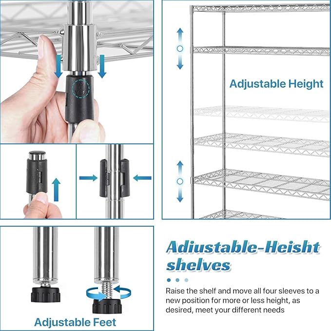 YRLLENSDAN 6 Tier Shelf Heavy Duty Metal Shelving Unit with Wheels, Adjustable Wire Storage Shelves 2100LBS Capacity, Garage Shelving for Pantry, Kitchen, Closet, Chrome, 18" D x 48" W x 82" H