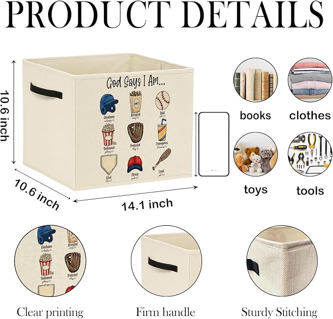 Christian Baseball Storage Bin Box with Handles, God Says I Am Bible Verse Baseball Foldable Baskets Organizer for Kids Room Nursery Bathroom Clothes Toys Books, Toybox for Boys