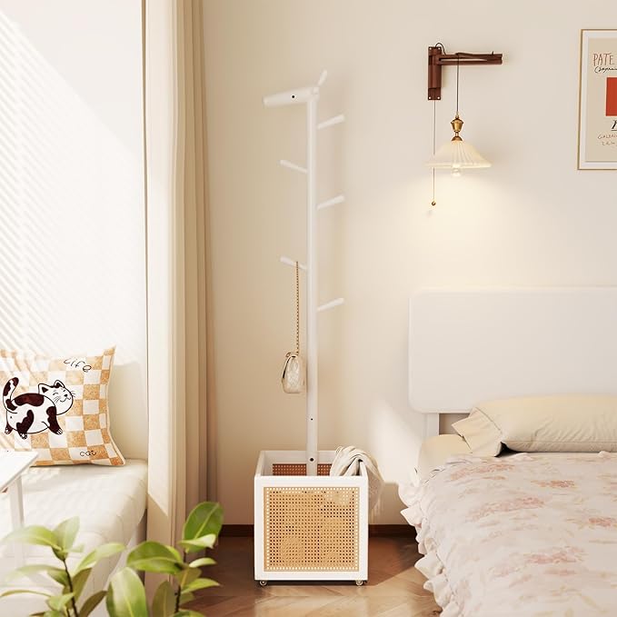 AQIMUELE Narrow Coat Rack，Coat Tree with Storage，Wooden Coat hanger with 6 Hook for Entrance, Bedroom, Living Room，Kids Coat Rack(White)