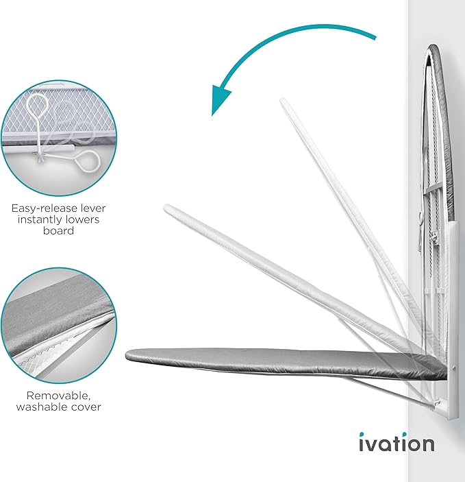 Ivation Wall-Mounted Ironing Board | Foldable 36.2” x 12.2” Ironing Station for Home, Apartment & Small Spaces | Sturdy Folding Board, Easy-Release Lever, Removable Cotton Cover & Mounting Hardware