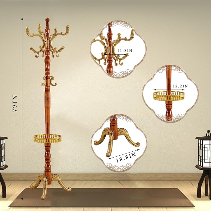Coat Rack Freestanding, Wooden Tree Coat Rack Stand with 3 Adjustable Sizes Coat Tree and 14 Hooks, Sturdy Hall Tree with Solid Round Base for Entryway, Hallway,Bedroom (Begonia Tray)
