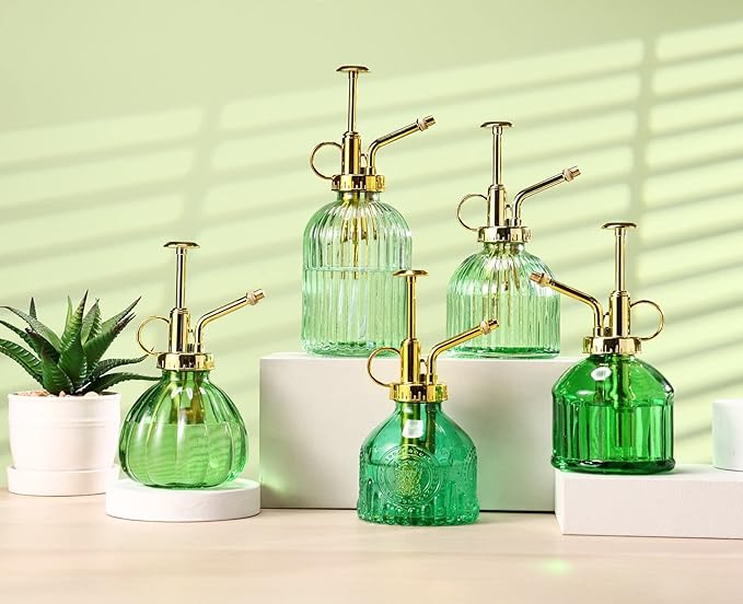 Glass Plant Mister Spray Bottle, 7.5" Green Glass Water Spray Bottle with Gold Top Pump Small Watering Can, Small Plant Sprayer Mister for Indoor Outdoor House,(Green+Gold E)