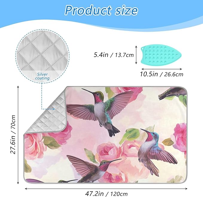 Ironing Mat Pad for Table Portable Travel Iron Blanket Ironing Board Covers Pressing Mat Heat Press Pads 27.6x47.2 Inches Pink Anna Hummingbird and Rose49