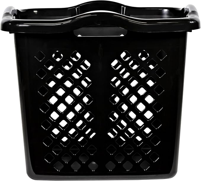 2-Pack 2 Bushel Plastic Laundry Basket with Silver Handles, Space-Saving Dirty Clothes Organizer for Home Apartment Dorm (Black)