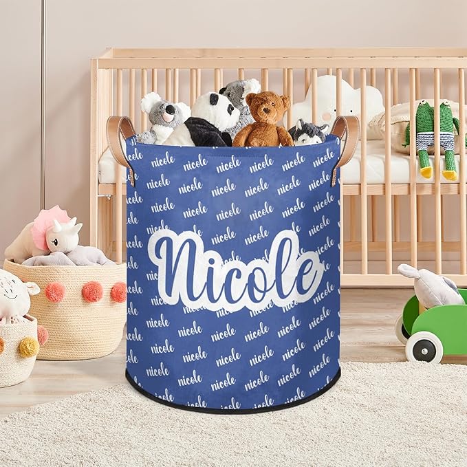 Custom Name Laundry-Hamper, Personalized Blue Kids-Clothes-Hamper Foldable with Name, Customized Storage Basket with Handles Waterproof Gift for Boys Girls Baby Women