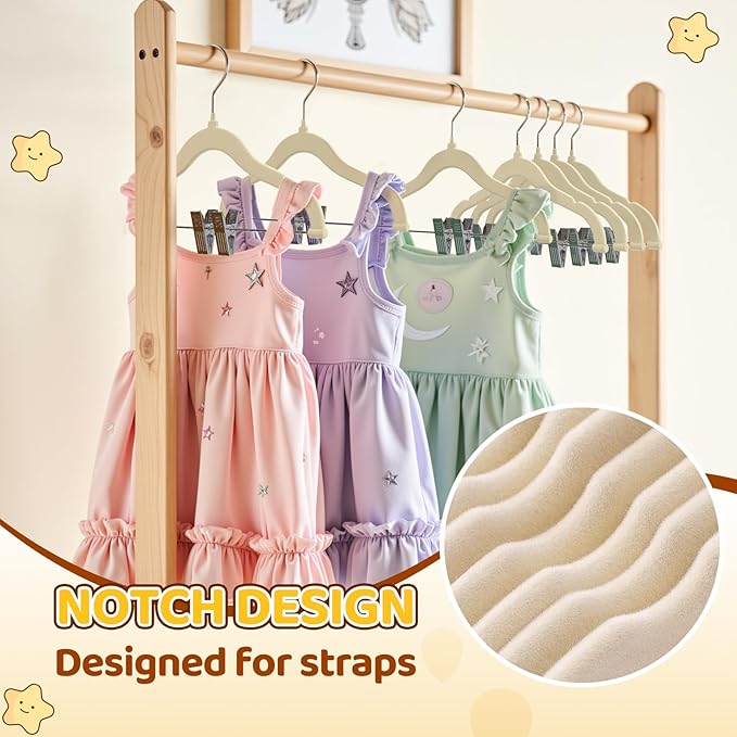 Flottian 24-Pack Baby and Kids Velvet Hangers with Clips, Non Slip and Space-Saving Kids Pants Hangers for Baby/Toddler Pants, Skirts, Coats, Beige