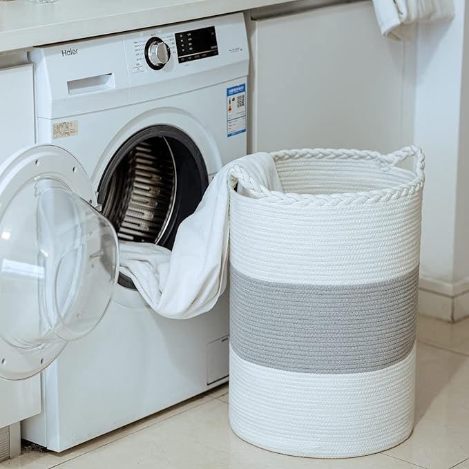 72L Woven Laundry Basket,Tall Wicker Laundry Basket for Blankets,Clothes,Pillows,Toys,Shoes Large Cotton Laundry Hamper for Bedroom,Living Room,Bathroom
