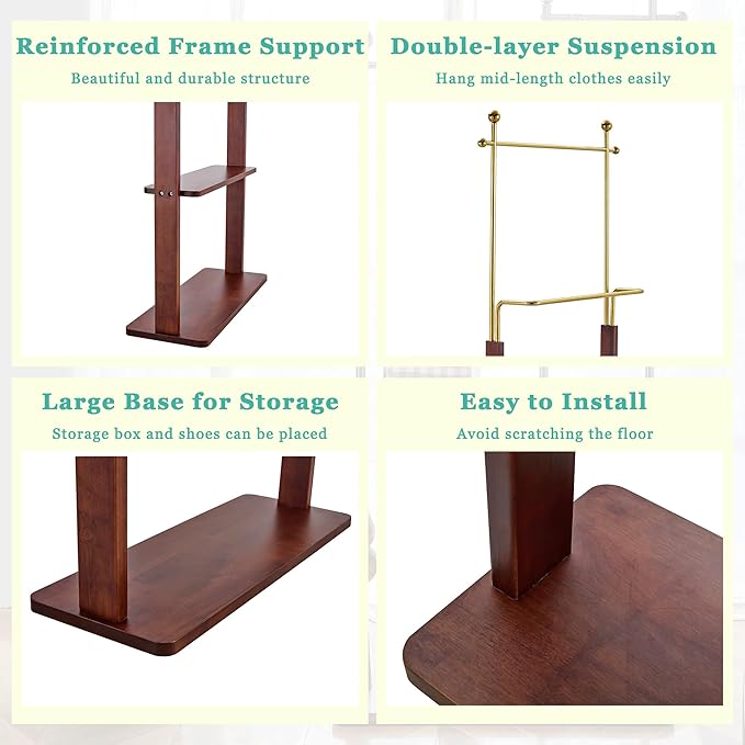 CHANCEE 68.9" Golden Stainless Steel and Walnut Solid Wood Double-Layer Coat Rack, Modern Freestanding Clothes Hanger with Storage Shelf, Multi-Functional Entryway Organizer Cabinet