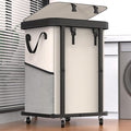 150L (40 Gal) Large Fashion Laundry Basket with Wheels, Leather Patchwork Rolling Hamper Carts, Sturdy Metal Frame, Removable Washable Bag, Tall Clothes Sorter for Bedroom, Laundry Room - Beige