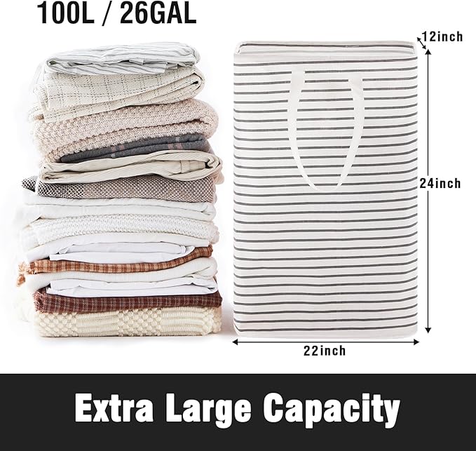 100L Large Collapsible Laundry Basket, Freestanding Clothes Hamper with Easy Carry Long Handles, Waterproof Washing Bag for Bedroom, Bathroom, and Nursery (Grey, 1 Pack)