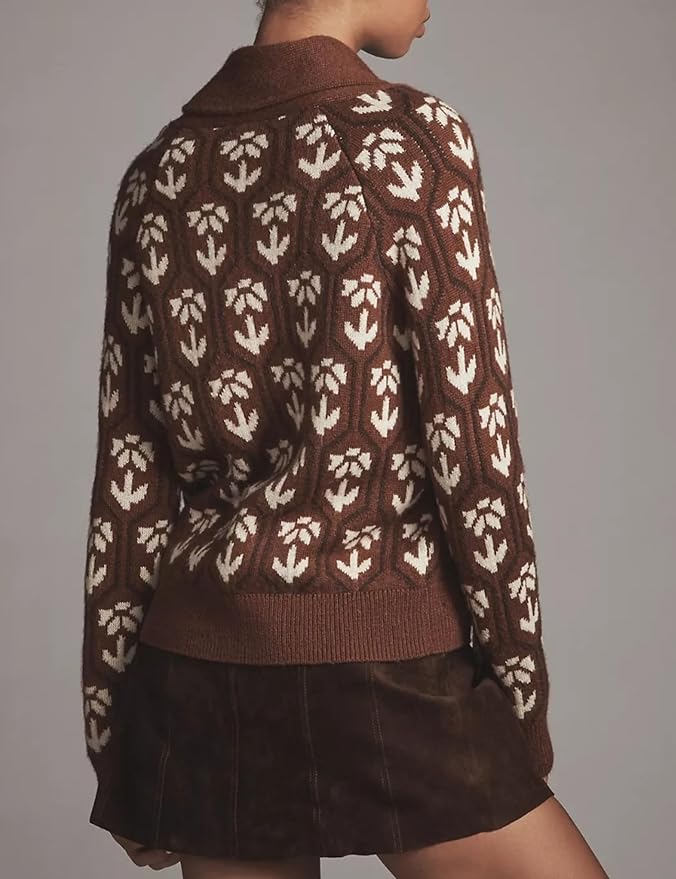 Women Floral Cropped Cardigan Sweaters Shawl Collar Long Sleeve Button Down Knit Jacket Flower Print Knitwear