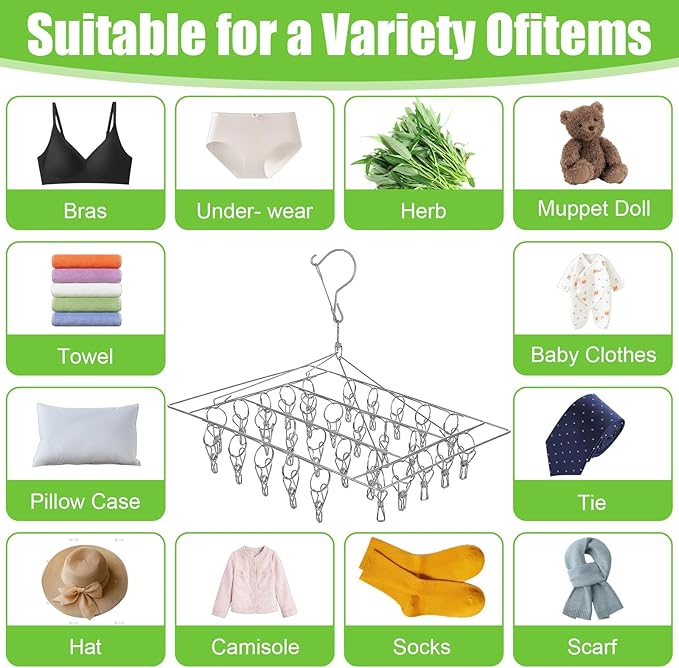 6 Pcs Stainless Steel Clothing Drying Rack, Hanging Drying Rack with Clips, Foldable Swivel Dryer Windproof Hook for Plants Flowers Towel Lingerie Sock Laundry