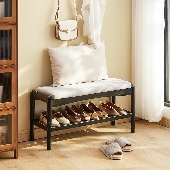 Shoe Bench Entryway Bamboo 2-Tier Shoe Rack with Cushion Padded Seat Shoe Bench Organizer Stable for Hallway, Living Room, Bedroom(31.5 * 11.4 * 16.5IN, Black-Gray)