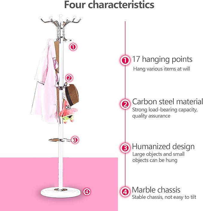 67" Metal Coat Rack Stand with Natural Marble Base, Free Standing Hall Tree with 16 Hooks for Hanging Scarf, Bag, Jacket, Home Entry-way Hat Hanger Organizer (White)