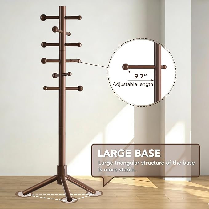 Wooden Coat Rack Freestanding with 12 Hooks 3 Adjustable Heights，Standing Coat Rack Tree for Hat and Coat Rack for Small Spaces Entryway,Office,Bedroom,Brown