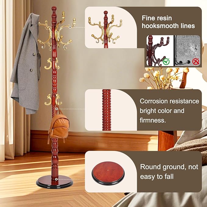 Wood Coat Rack Freestanding with 14 Hooks, 73 Inches Adjustable Height Coat Rack Stand, Vintage Hall Tree Coat Racks with Stable Round Base for Entryway, Bedroom (Begonia color)