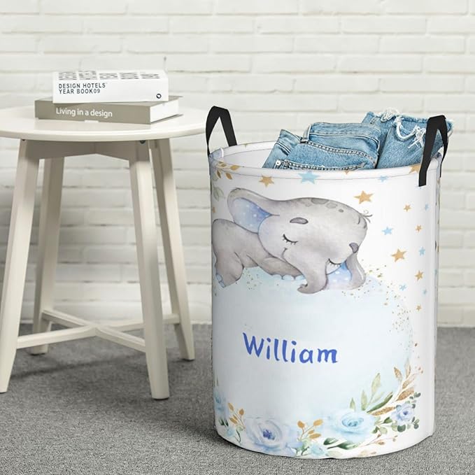Blue Gold Floral Elephant Personalized Laundry Hamper Custom with Name Collapsible Waterproof Storage Basket with Handles for Bedroom Decor Gift.