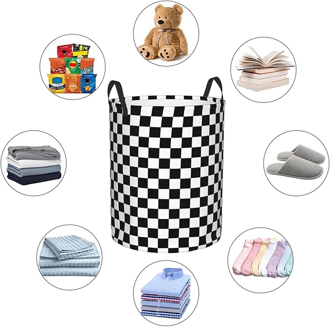 Laundry Basket Black White Checkered Decor - Waterproof Laundry Hamper Race Car Room Decor Collapsible Laundry Baskets With Handles - Toy/Clothes Storage Basket For Home Bedroom Bathroom Decor