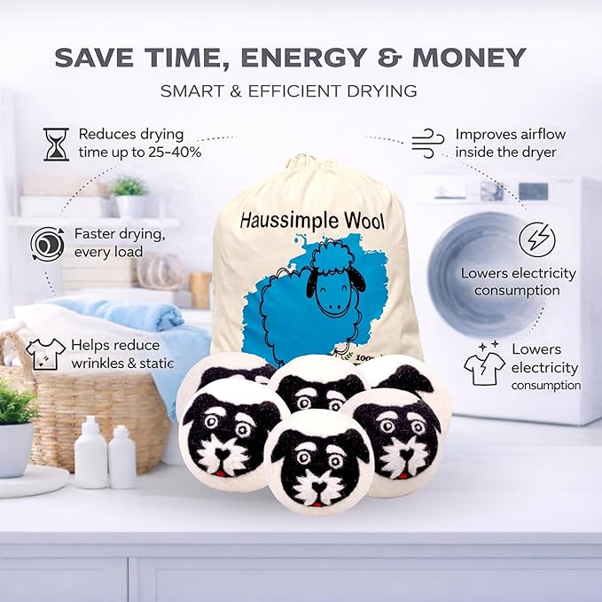 Wool Dryer Balls 6-Pack 100% Natural New Zealand Wool, Handmade in Nepal Reusable Laundry Balls, Faster Drying, Softer Clothes, Anti-Static, Dryer Sheets Alternative (Black White, Dog)