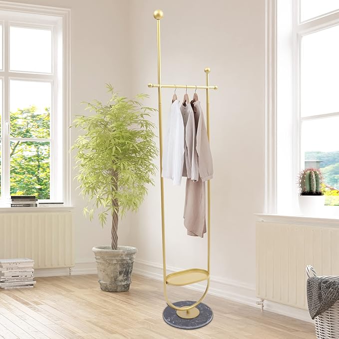DYRABREST Modern Garment Rack With Clapboard and Clothing Rack With Marble Base Gold Clothing Coat Rack Freestanding for Home Bedroom(Gold Black)