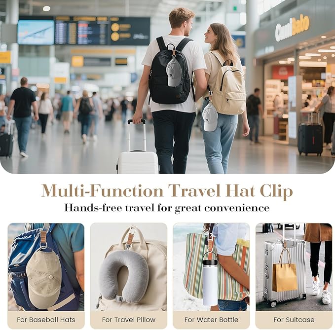 Niveaya Travel Hat Clip for Baseball, Key Ring Holder with Self-Locking Metal Gate Clip, Vacation Cruise Essentials Accessory Light Brown