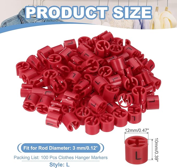PATIKIL 100 Pcs Clothes Hanger Markers, l Size Tags Fit 3mm Rod Garment Size Hanger Clips Color Coding Label for Clothing Hangers, Red