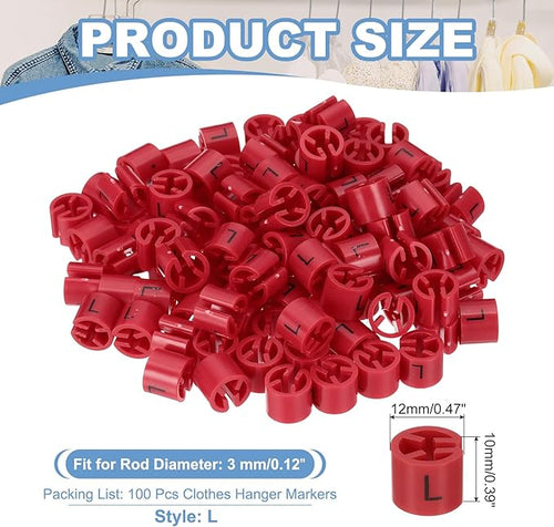 PATIKIL 100 Pcs Clothes Hanger Markers, l Size Tags Fit 3mm Rod Garment Size Hanger Clips Color Coding Label for Clothing Hangers, Red