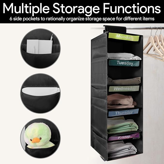5-Shelf Weekly Clothes Organizer for Kids, Collapsible Hanging Closet Shelves, Baby Closet Organizers and Storage with 6 Side Pockets, Daily Clothing Divider for Boys and Girls (Black)