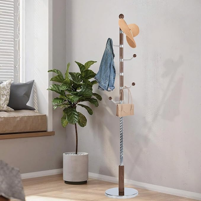 Wooden Coat Rack Freestanding with Resin Hooks, Adjustable Heavy Duty Stand for Hanging Coats, Bags, Hats, and Umbrellas in Living Room, Bedroom, Entryway (Cherry color-metal)
