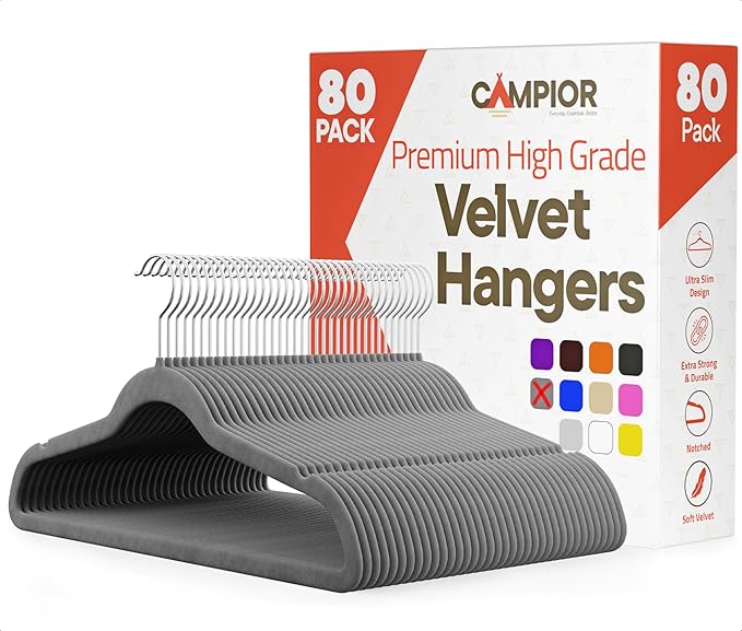 Gray Velvet Hangers 80 Pack – 360° Swivel Hook, Non-Slip and Space Saving Hangers, Heavy-Duty 11 lbs Weight Capacity - Smooth Velvet Finish for Crease-Free Clothes and Effortless Closet Organization