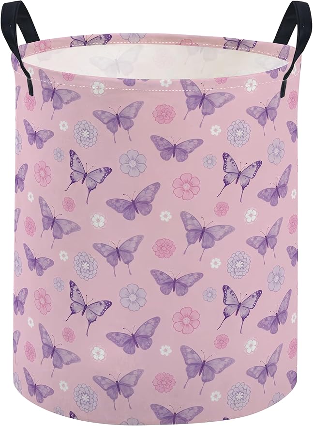 ESSME Kids Laundry Basket,Butterfly Hamper Collapsible Canvas Waterproof Storage Bin for Boys, Cute Hamper,Gift Baskets(Pink butterfly)