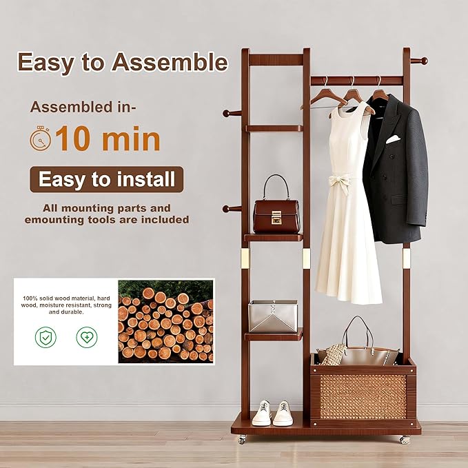 Solid Wood Clothes Rack with Wheels, Freestanding Coat Rack with 4 Shelves, 4 Side Hooks & Storage Basket, 4-IN-1 Clothing Rack Heavy Duty Clothes Hanger Stand for Clothes Garment Wallets Hats
