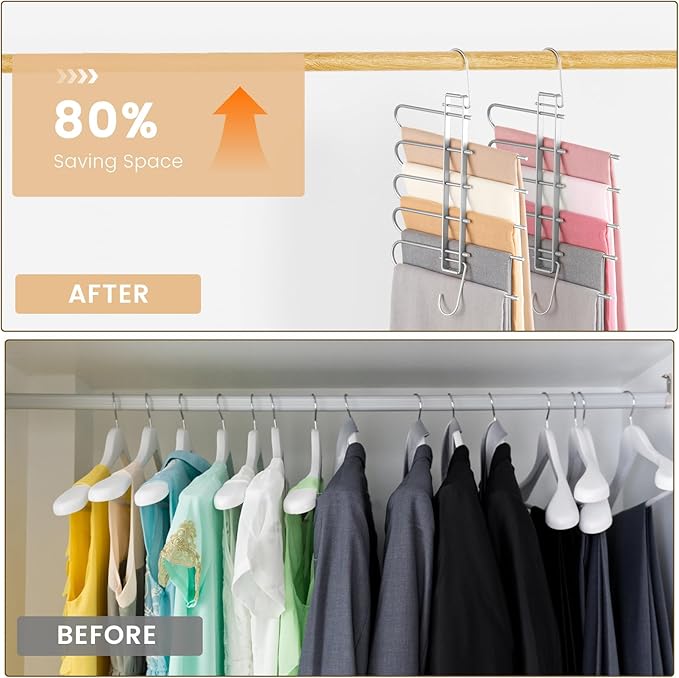 Pants Hangers Space Saving,Closet Hangers 5 Layers 2 Uses Multi Functional Pants Rack,Metal Heavy Duty Wardrobe Organizer Racks for Clothes Trousers Scarves Ties (2Pack Silver)