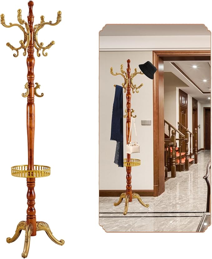 Coat Rack Freestanding, Wooden Tree Coat Rack Stand with 3 Adjustable Sizes Coat Tree and 14 Hooks, Sturdy Hall Tree with Solid Round Base for Entryway, Hallway,Bedroom (Begonia Tray)